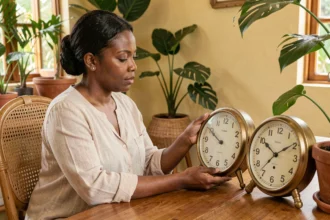 Femme martiniquaise comparant deux horloges analogiques représentant l'heure de la Martinique et l'heure de Paris dans un bureau tropical