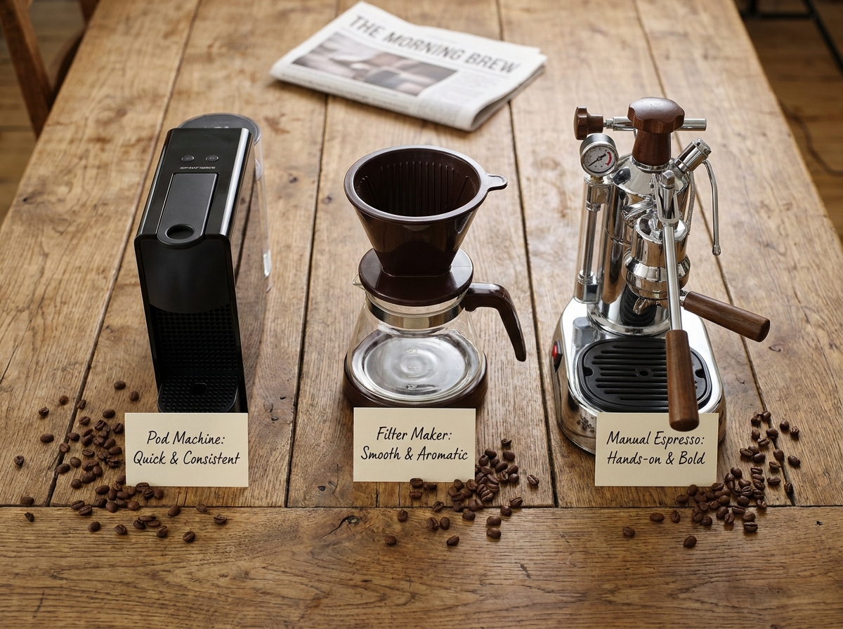 Comparaison de trois types de machines à café posées côte à côte sur une table en bois avec des grains de café éparpillés
