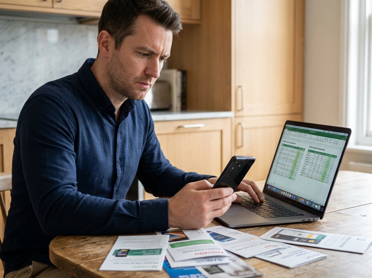 Homme comparant des offres mobiles avec téléphone inclus sur laptop à la maison