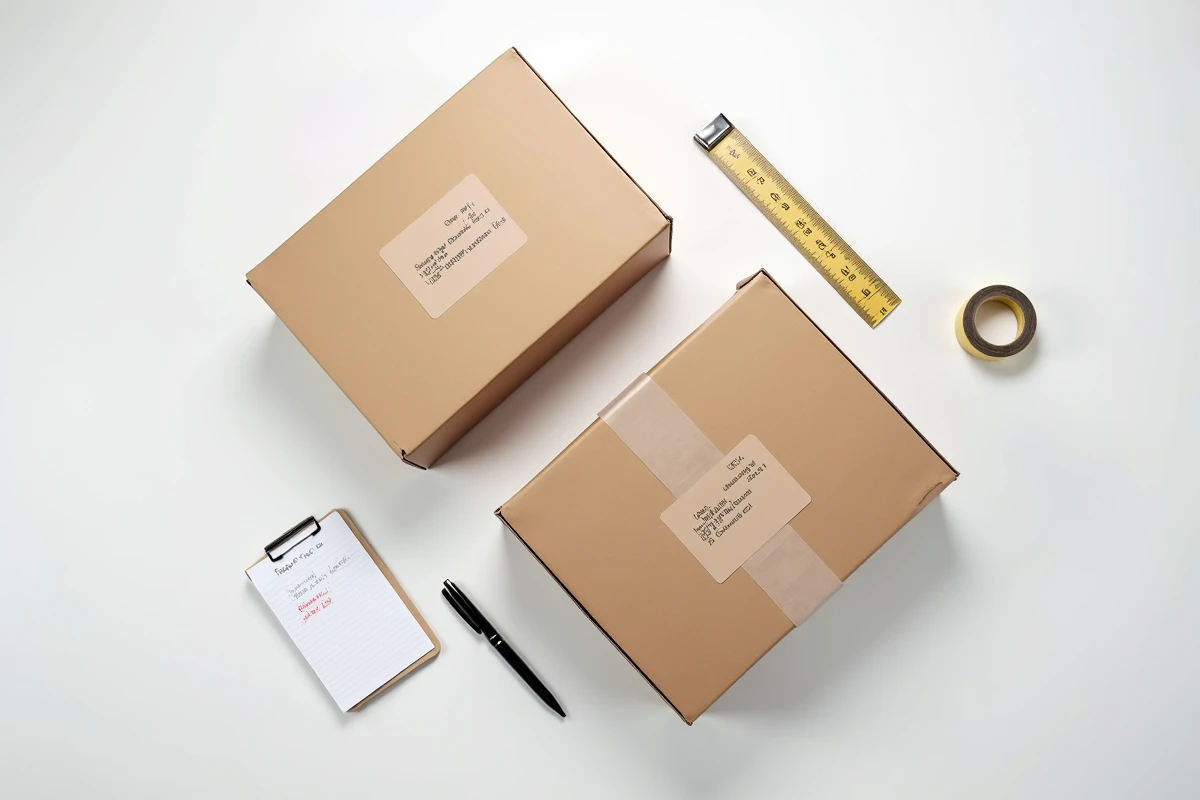 Vue aérienne de trois colis carton de différentes tailles avec étiquettes d'expédition et mètre ruban, guide dimensions Mondial Relay
