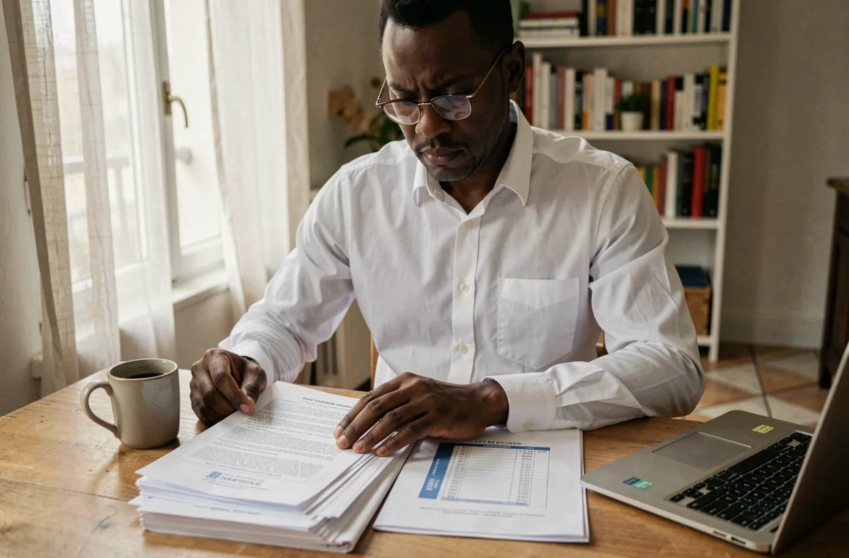 Homme étudiant les conditions de naturalisation française à domicile avec des documents officiels et une liste de vérification
