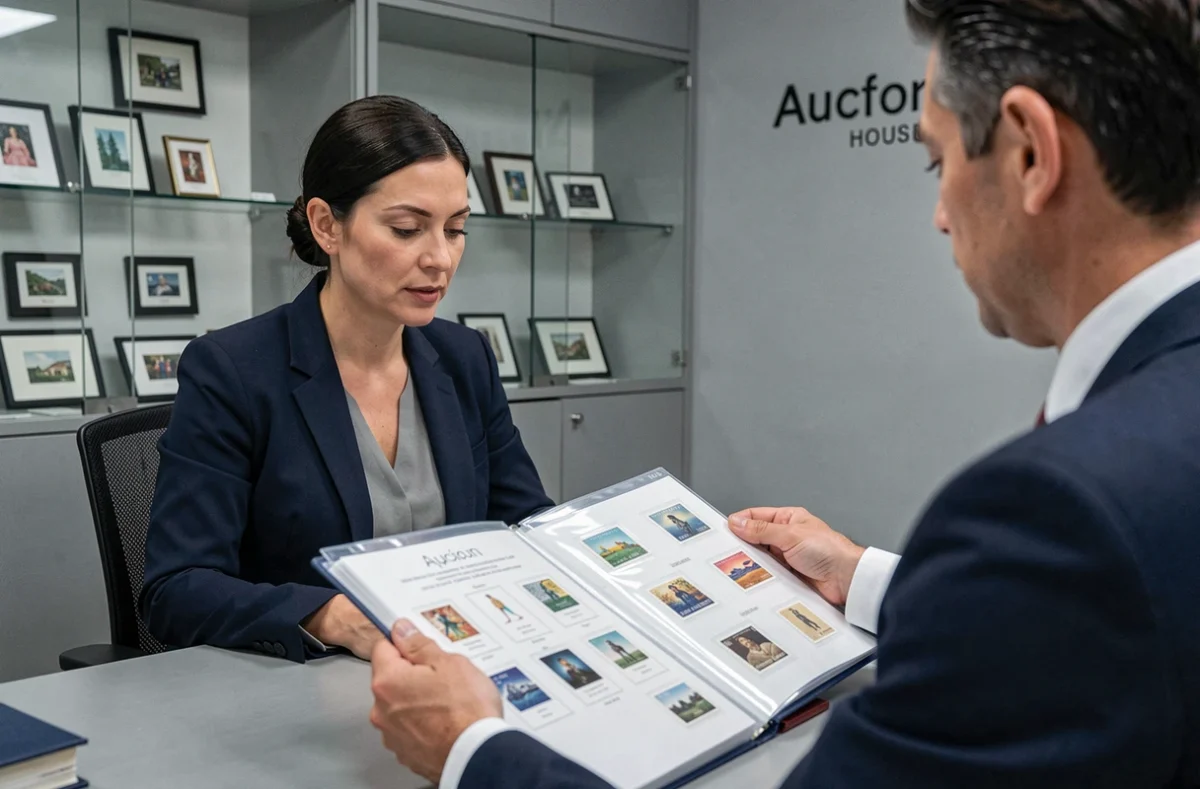 Femme consultant un expert philatéliste dans une maison de vente aux enchères pour l'expertise de sa collection de timbres