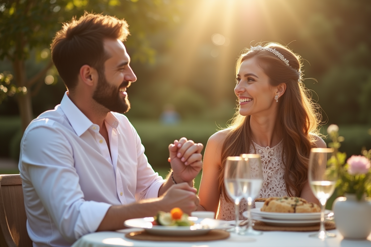 Couple heureux célébrant leur anniversaire de mariage en extérieur