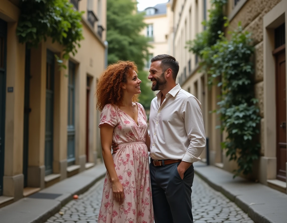 Couple souriant dans une ruelle pavée parisienne, ambiance authentique et intimiste pour illustrer une biographie