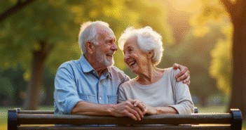 Couple senior assis sur un banc de parc en été