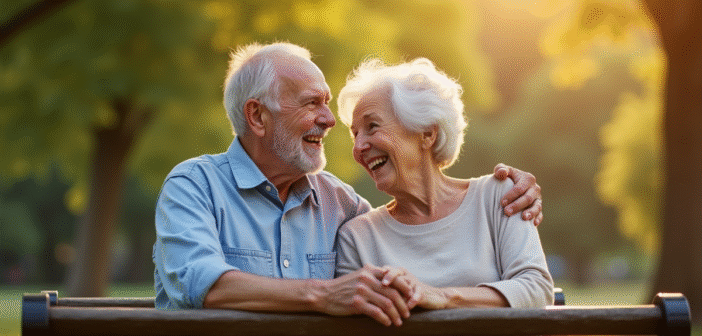 Couple senior assis sur un banc de parc en été