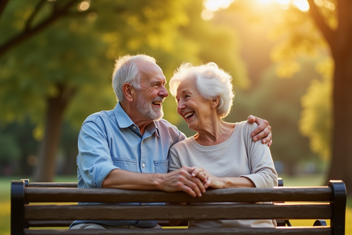 Couple senior assis sur un banc de parc en été