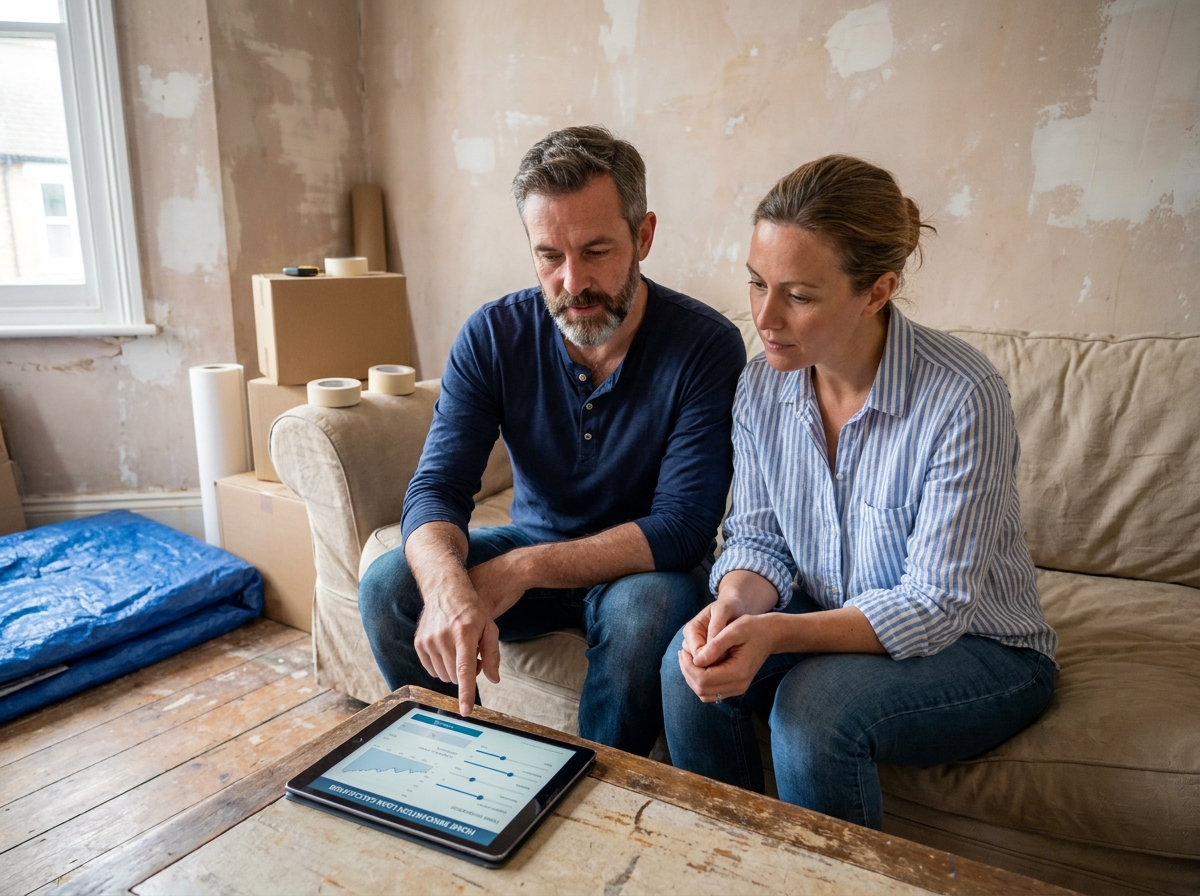Couple consultant un simulateur de crédit travaux sur tablette dans un salon en cours de rénovation