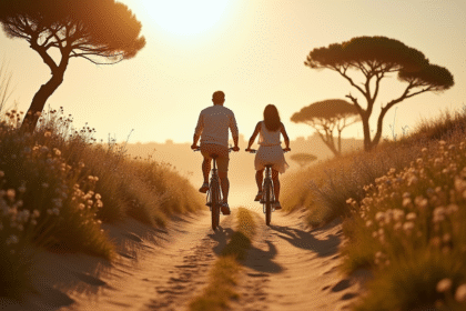 Couple à vélo vintage sur un chemin sableux près de Comporta