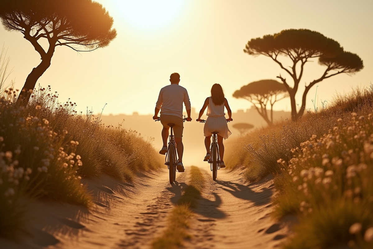 Couple à vélo vintage sur un chemin sableux près de Comporta