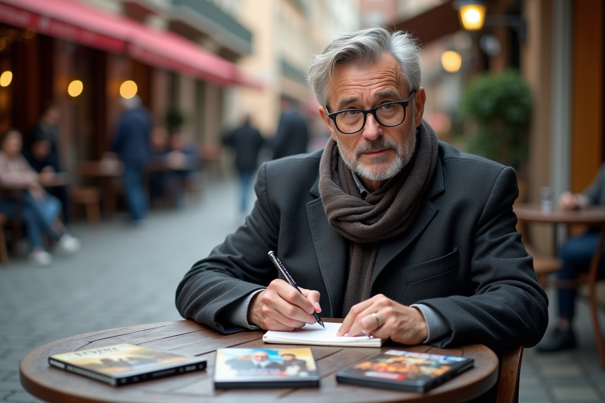 Critique de film assis à un café avec DVD iconiques