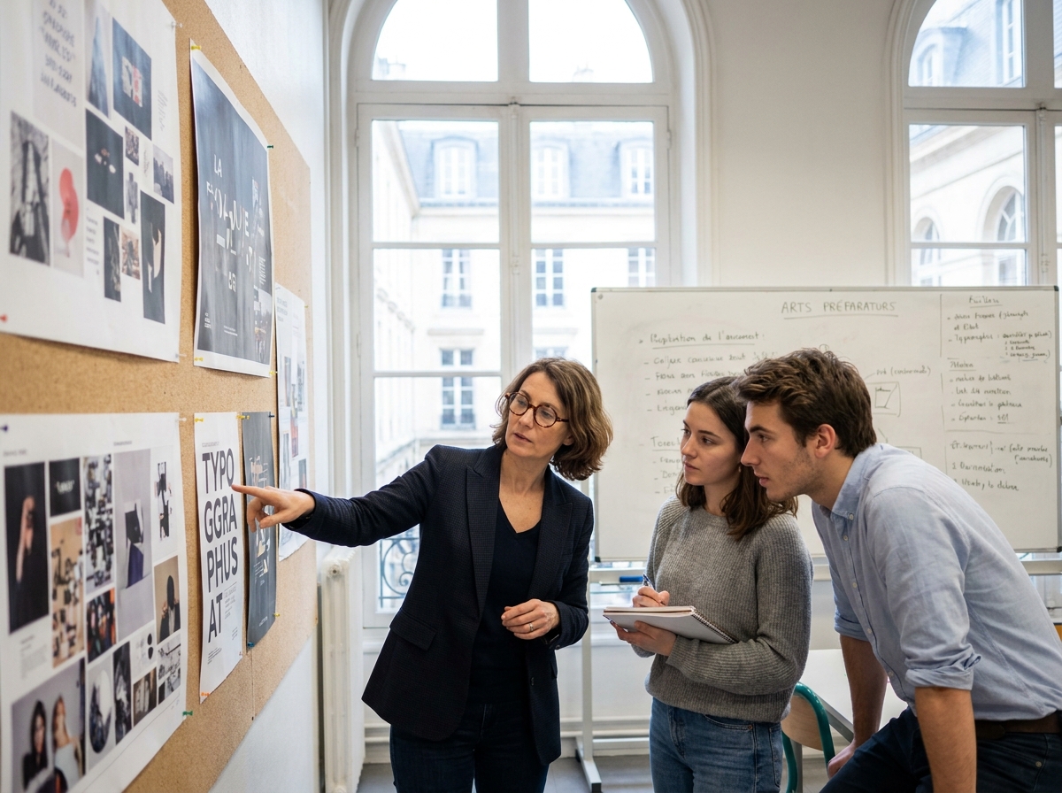 Professeure et étudiants en mise à niveau arts appliqués lors d'une critique de projets graphiques épinglés sur un mur dans une école préparatoire française