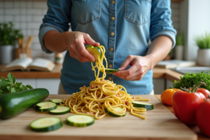 Femme en denim préparant un plat de pâtes colorées dans la cuisine