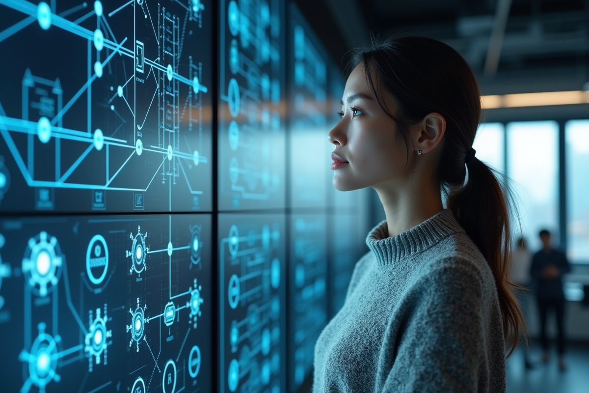 Data scientist femme devant un mur de diagrammes de réseaux neuronaux