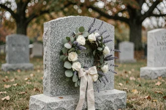 Pierre tombale en granit modeste décorée d'une couronne de fleurs séchées artisanale avec eucalyptus et roses blanches dans un cimetière