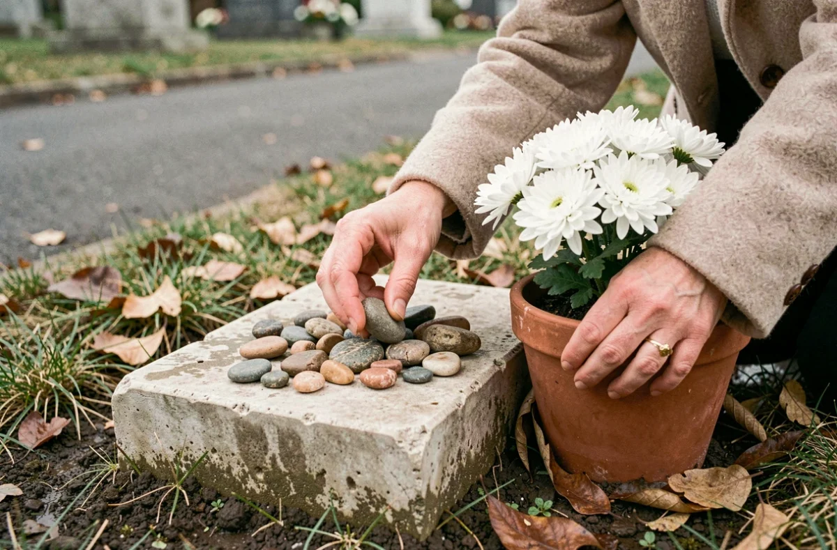Mains féminines plaçant des chrysanthèmes blancs et des galets autour d'une simple pierre tombale en calcaire dans un cimetière
