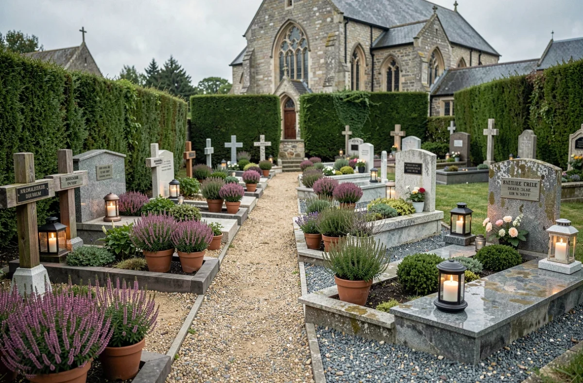 Vue large d'un cimetière avec plusieurs tombes sobrement décorées de bruyères en pot, lanternes solaires et plaques gravées à petit budget