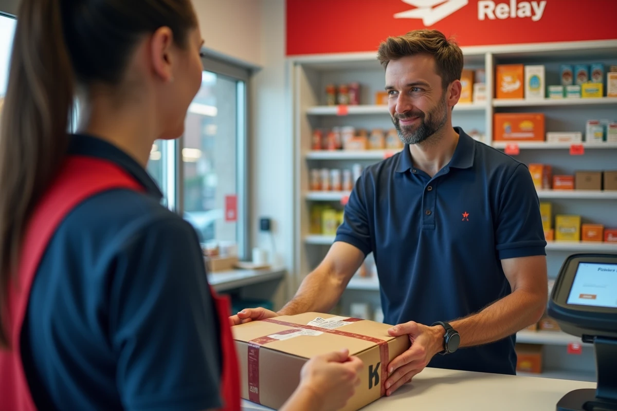 Homme déposant un colis dans un point relais Mondial Relay en magasin de proximité, remise de paquet au comptoir
