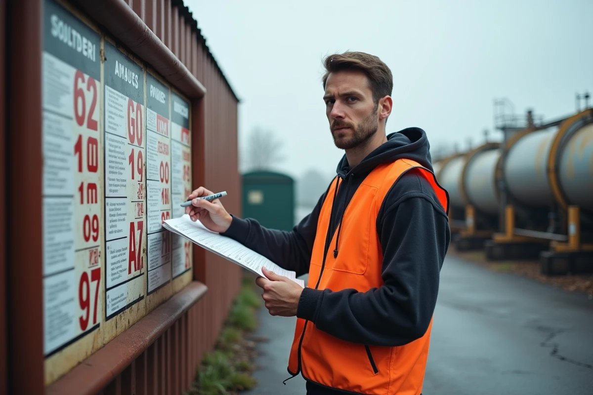 Employé d'un dépôt de fioul mettant à jour les tarifs sur un panneau de prix dans le Pas-de-Calais