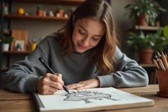 Jeune femme dessinant un monstre rigolo dans un carnet de croquis avec un feutre noir sur un bureau en bois