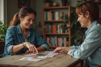 Deux femmes jouant à la crapette autour d'une table en bois avec des jeux de cartes étalés, dans une ambiance chaleureuse et conviviale à domicile