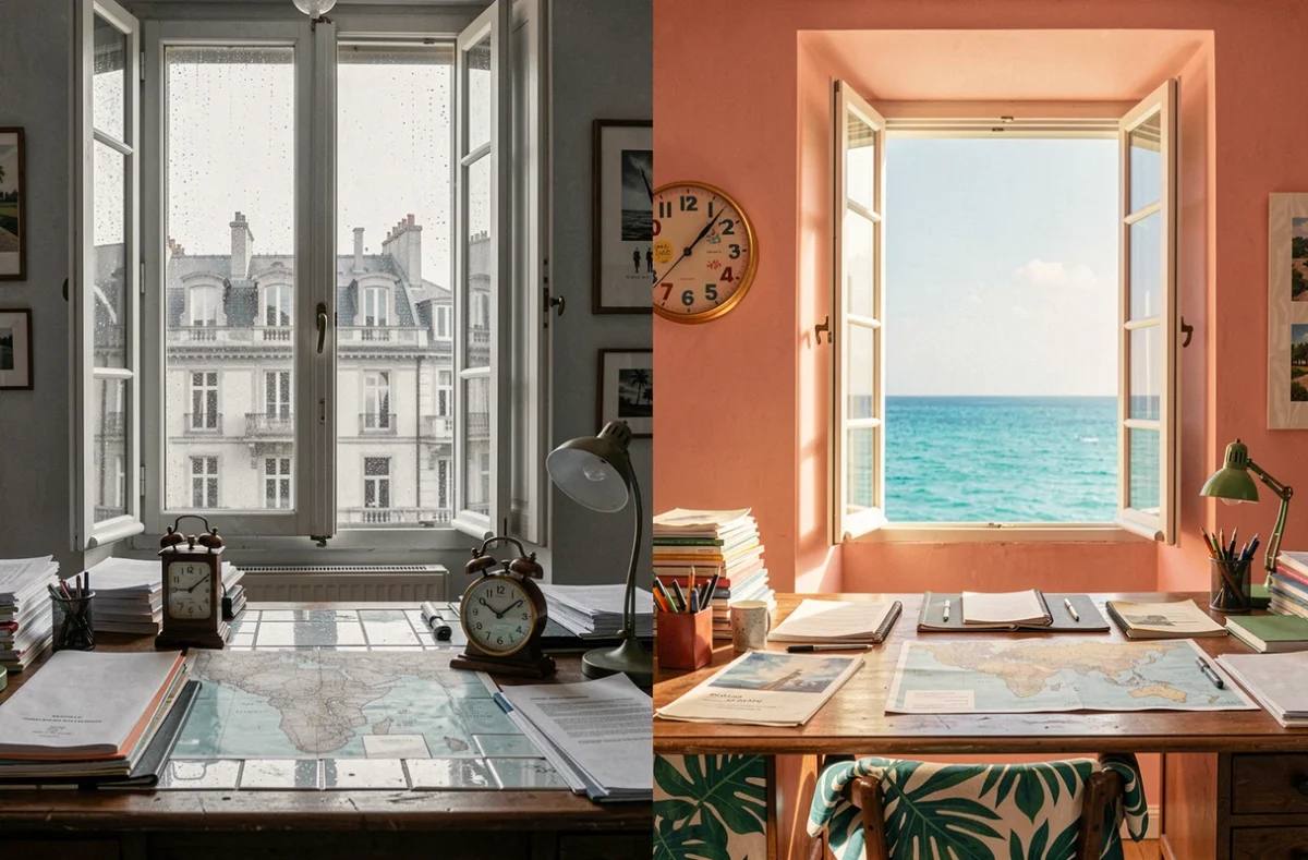 Comparaison visuelle entre un bureau parisien et un espace de travail martiniquais illustrant la différence de fuseau horaire entre Paris et la Martinique