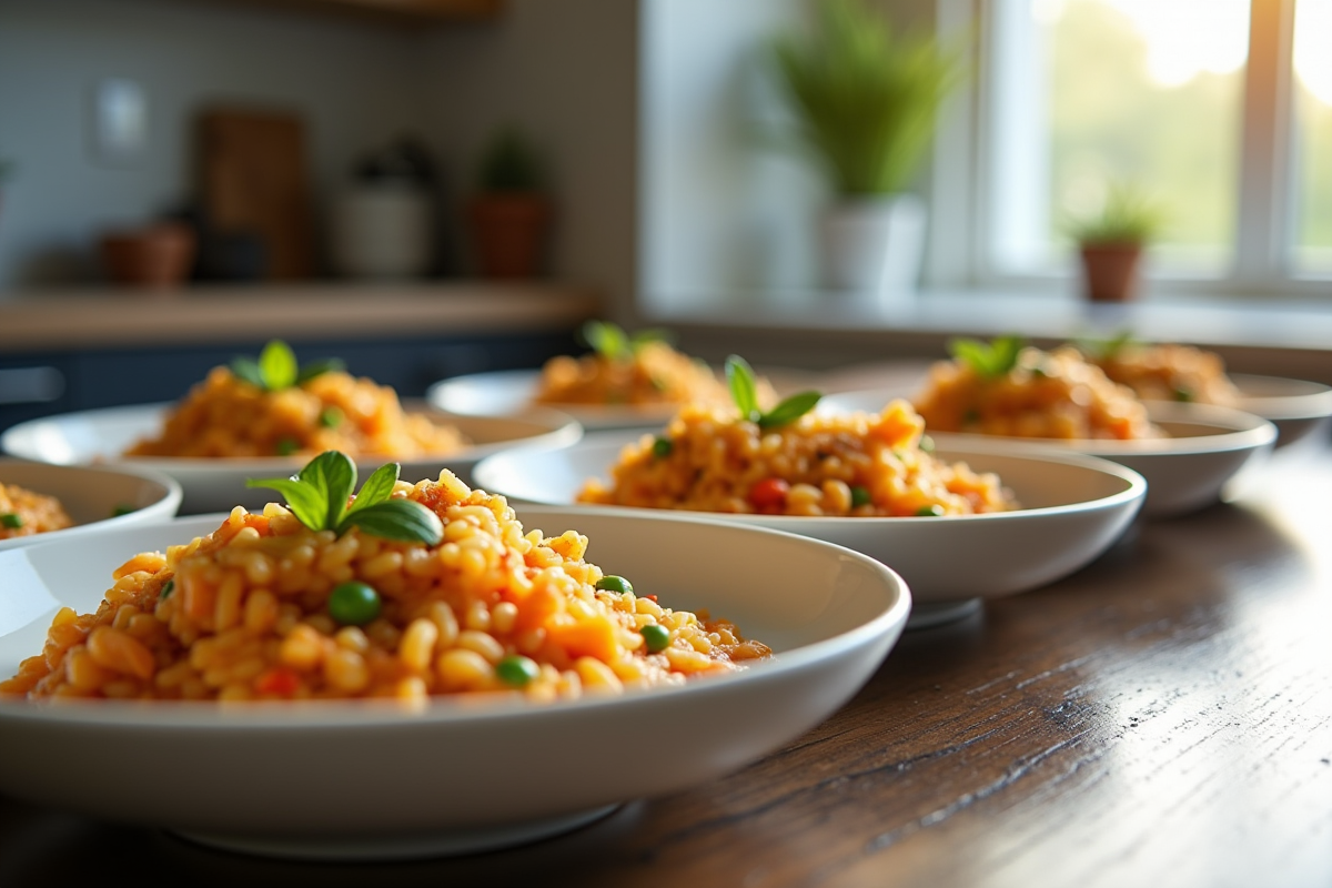 Cinq bols de risotto chorizo aux saveurs variées en cuisine lumineuse
