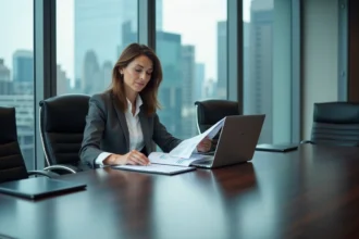 Dirigeante d'entreprise analysant des documents de gestion des risques IRIS02 en salle de réunion