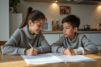 Femme et adolescent discutant de documents officiels à la cuisine