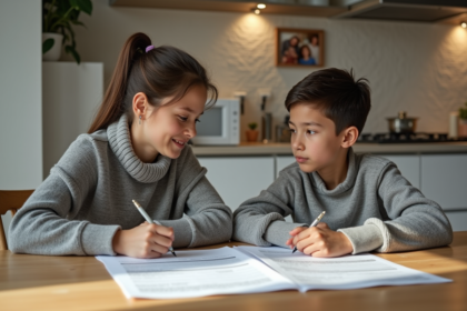 Femme et adolescent discutant de documents officiels à la cuisine