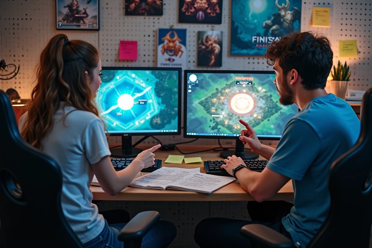 Deux joueurs analysant ensemble une stratégie de portails Eliotrope sur un double écran gaming