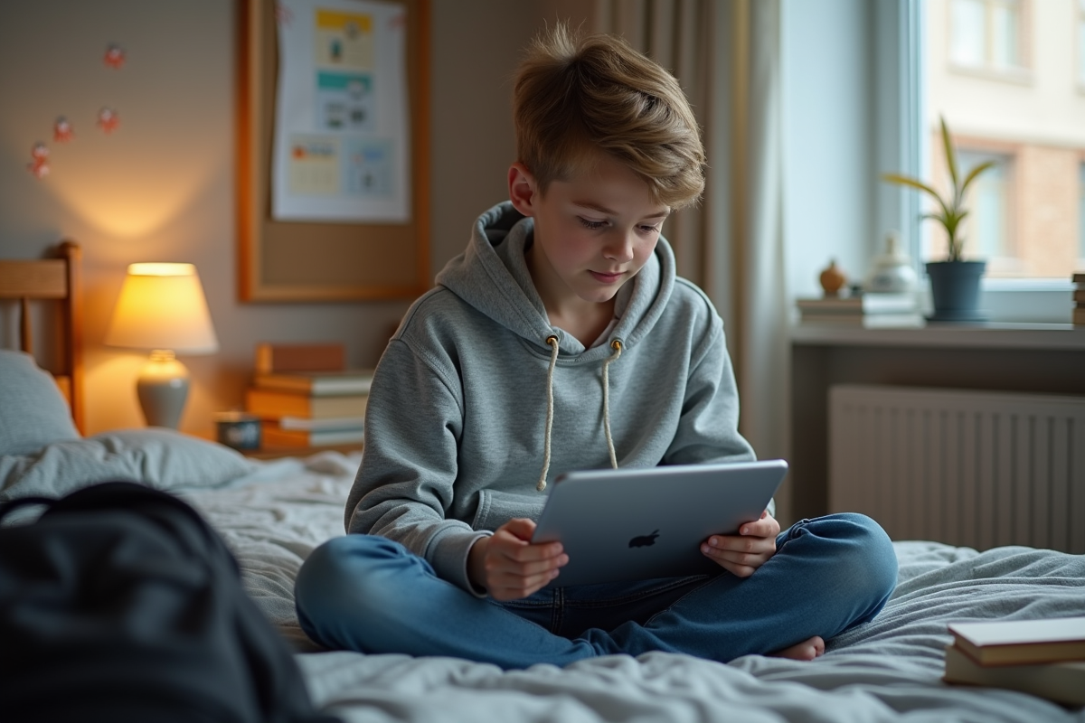 Adolescent utilisant une tablette pour suivre son cours en ligne