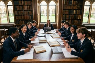 Élèves internationaux en blazer discutant autour d'une table dans la bibliothèque d'un lycée privé européen de prestige