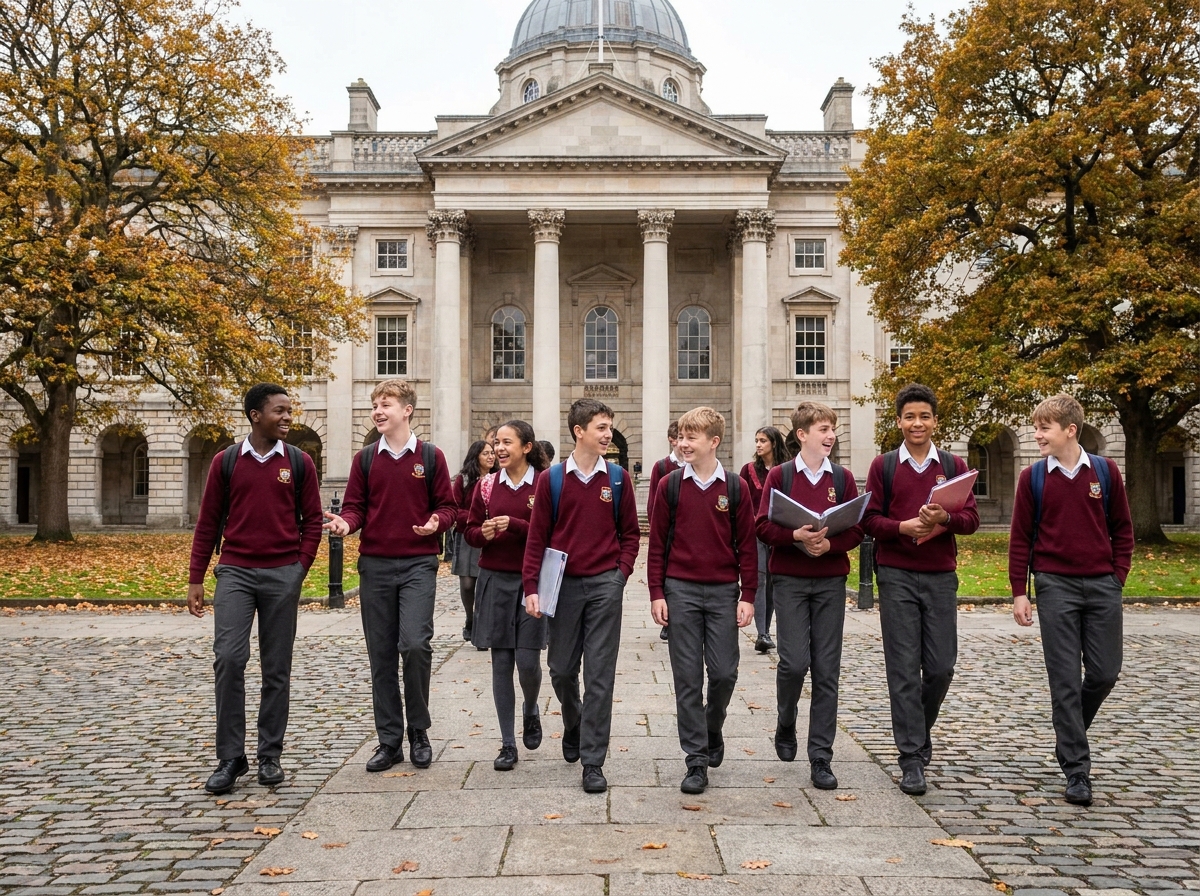 Groupe d'élèves en uniforme traversant la cour en pierre d'un campus d'école privée internationale en Europe en automne