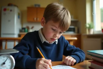 Enfant faisant ses devoirs de maths avec un tableau de conversion des kilogrammes sur une table en bois
