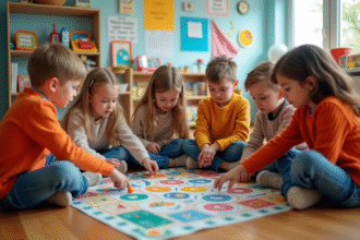 Groupe d'enfants en classe jouant à un jeu éducatif