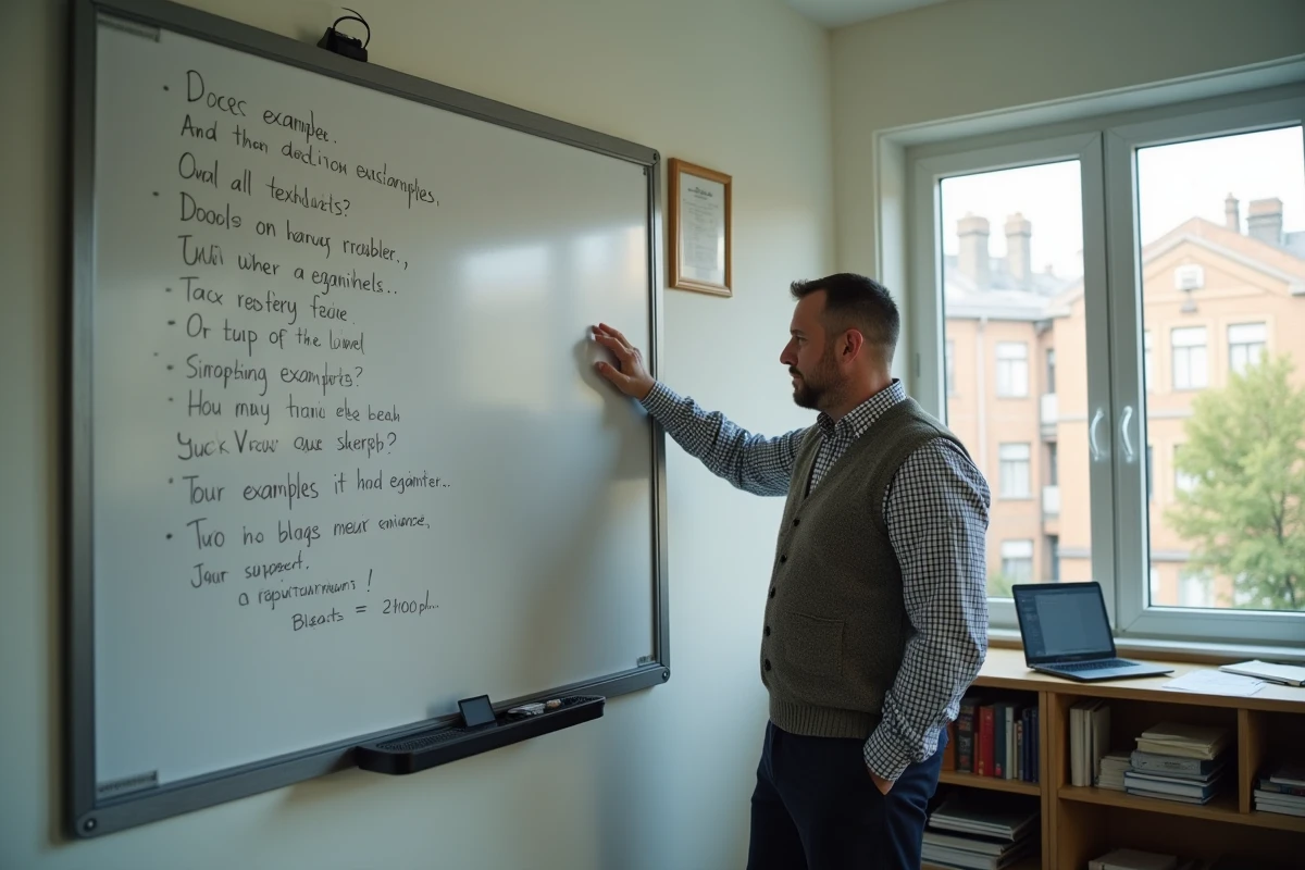 Enseignant devant tableau avec phrases réécrites
