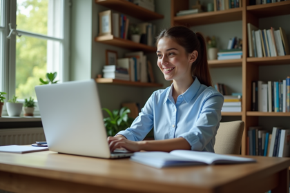 Jeune enseignante souriante dans son bureau à domicile avec MBN