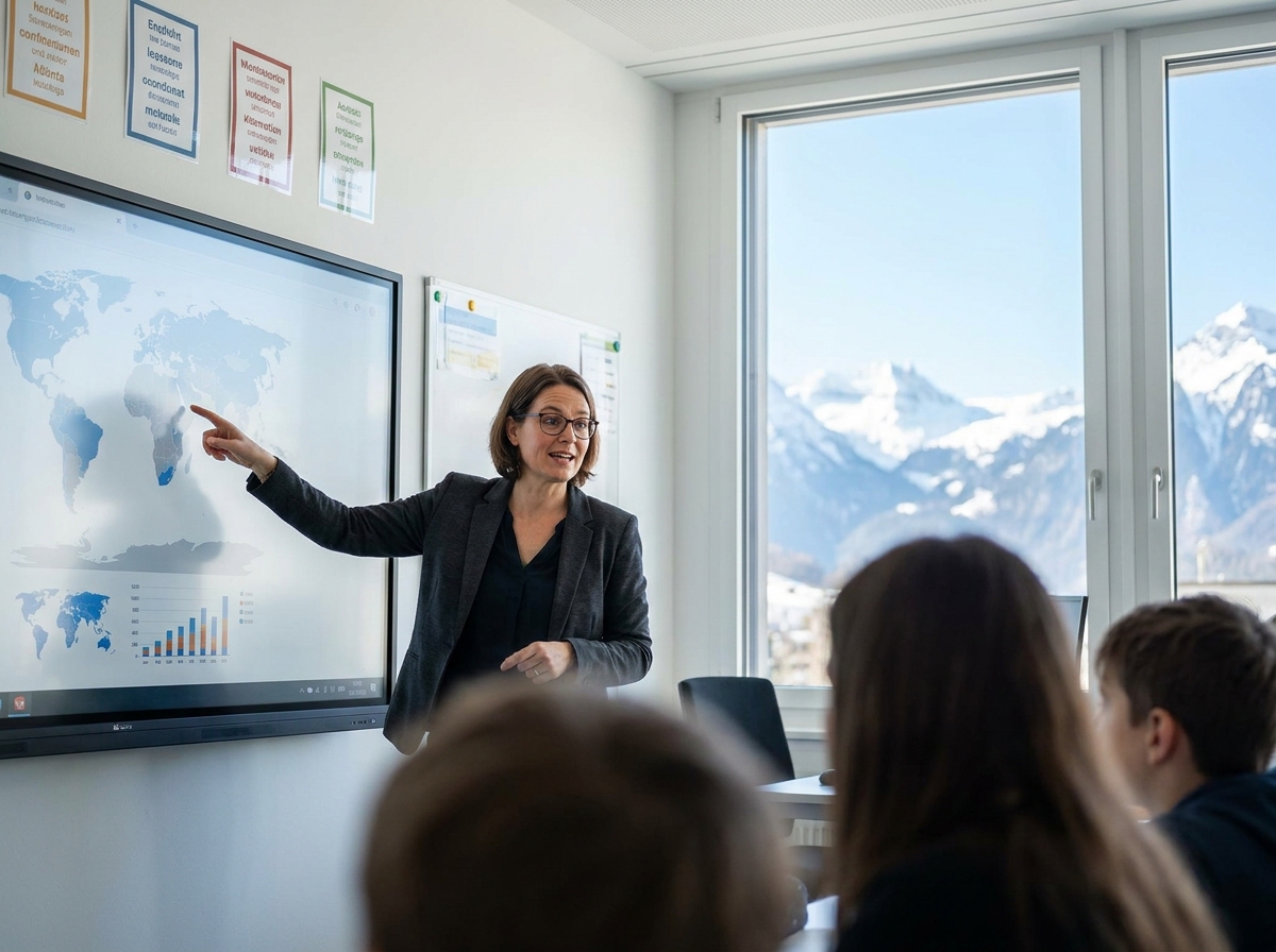 Enseignante devant un tableau interactif dans une salle de classe moderne d'une école internationale privée en Suisse