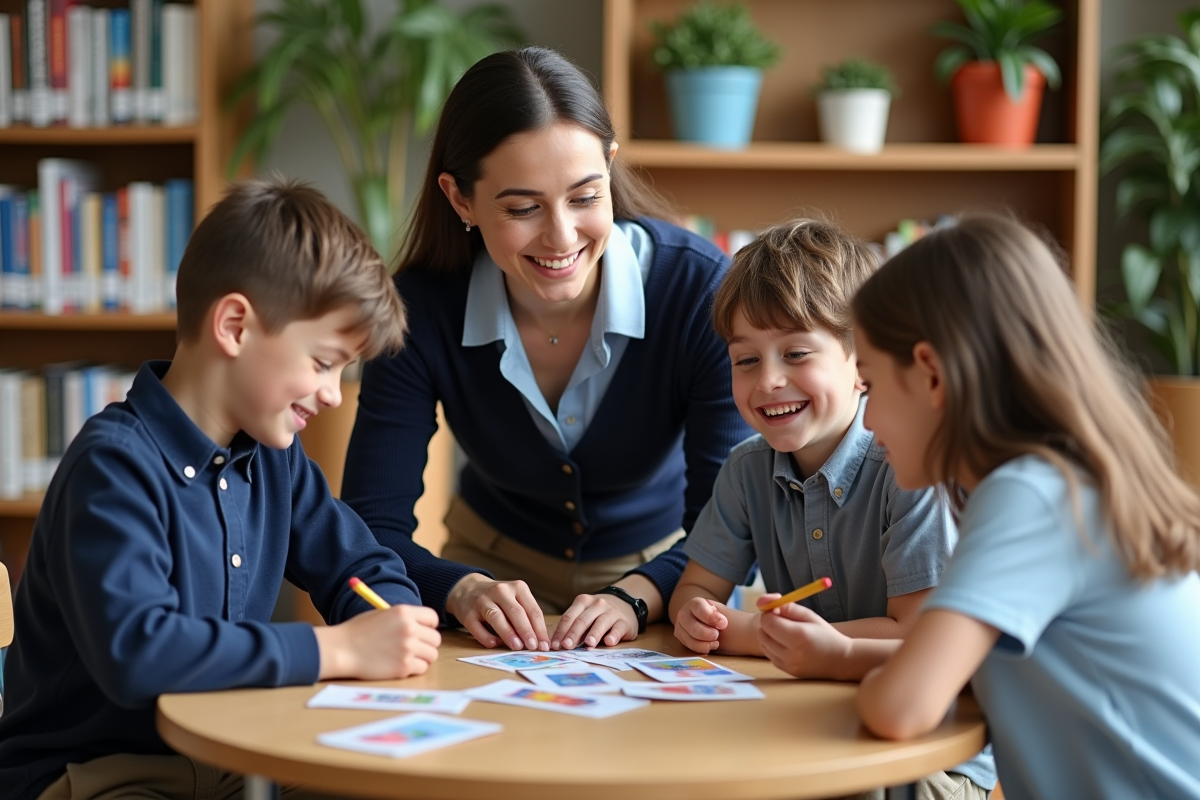 Professeure aidant deux adolescents avec un jeu de cartes