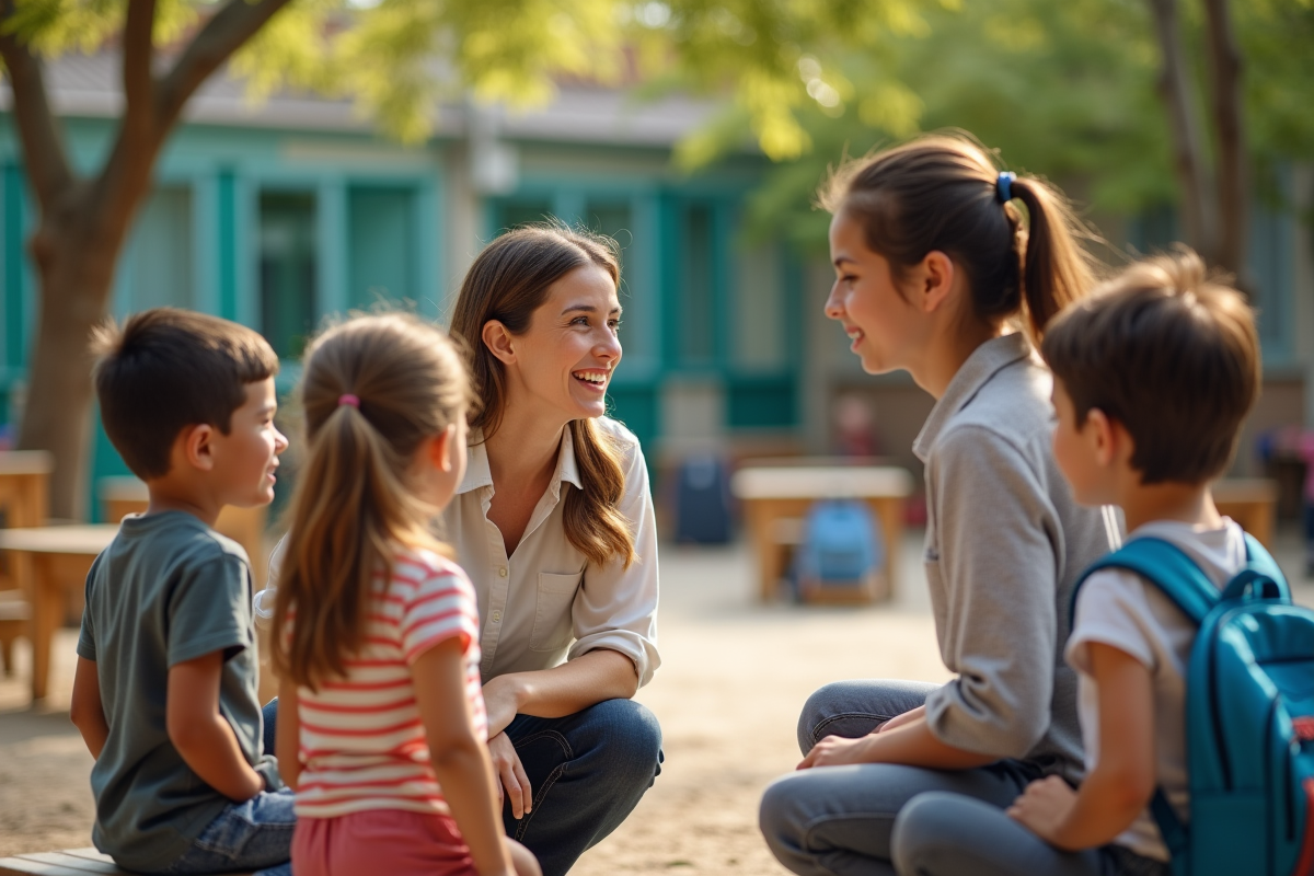 Enseignante parle avec des enfants lors de la récréation