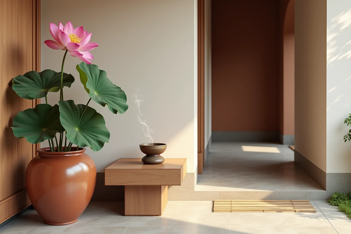 Entrée de maison feng shui avec un grand pot en terre cuite abritant un lotus en fleur, bâtonnet d'encens et bol chantant pour attirer la paix et le renouveau