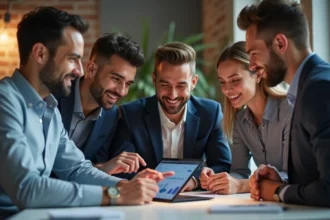 Groupe de professionnels en réunion autour d'une tablette en open space