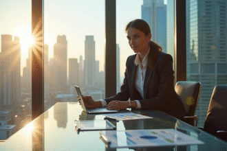 Équipe d'affaires confiante dans un bureau moderne avec graphiques