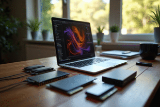 Espace de travail moderne avec ordinateur portable et disques SSD