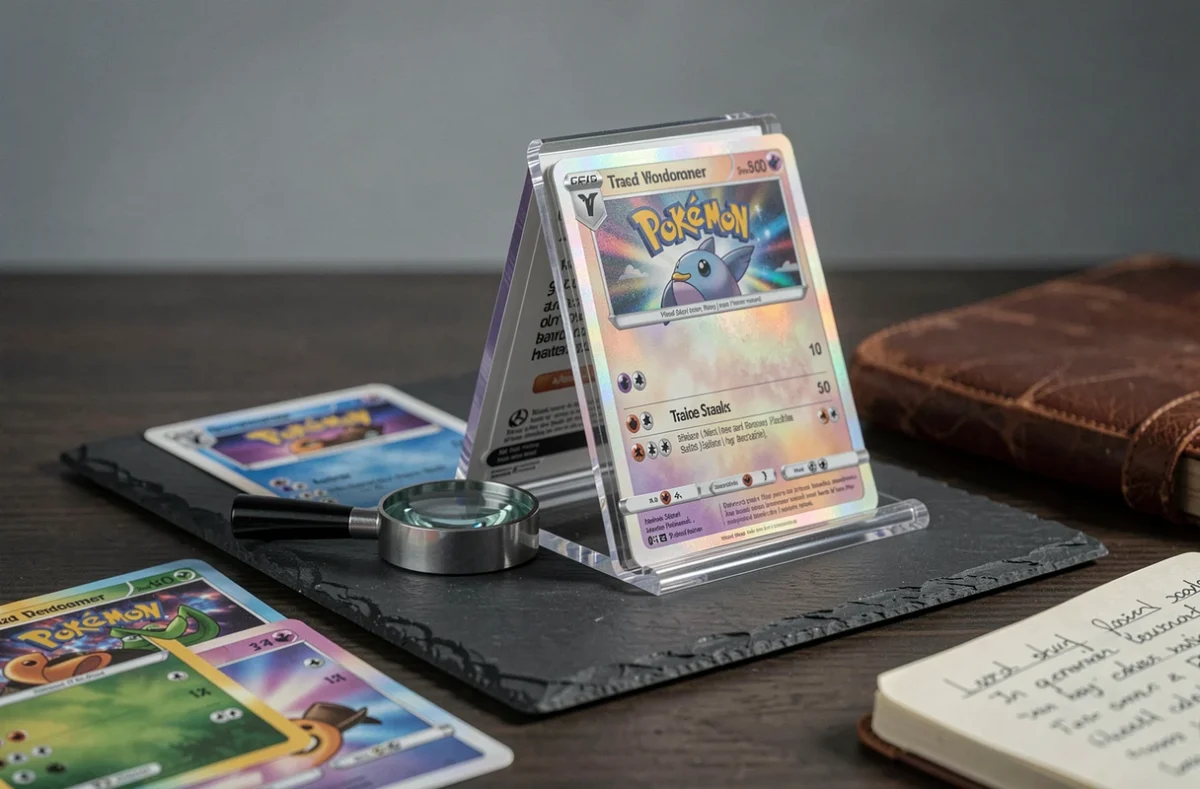 Gros plan sur des cartes Pokémon gradées et une loupe lors d'une évaluation de collection