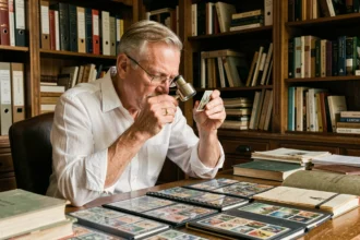 Expert philatéliste examinant un timbre rare avec une loupe dans son bureau spécialisé rempli d'albums et de catalogues