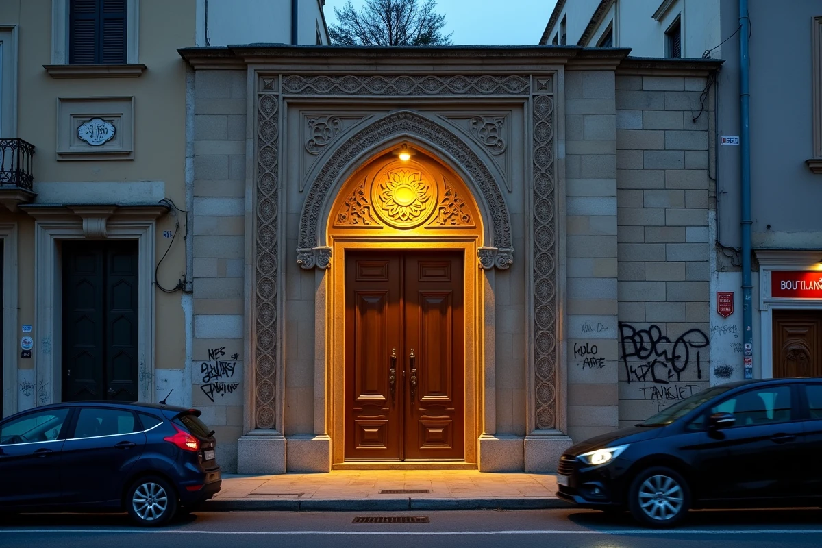 Façade d'une mosquée ouverte le soir dans un quartier urbain de Marseille avec entrée illuminée