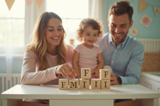 Famille heureuse dans une chambre lumineuse avec jouets en bois