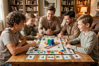 Famille jouant à Monopoly autour d'une table en bois, avec cartes de propriétés et jetons colorés éparpillés sur le plateau de jeu